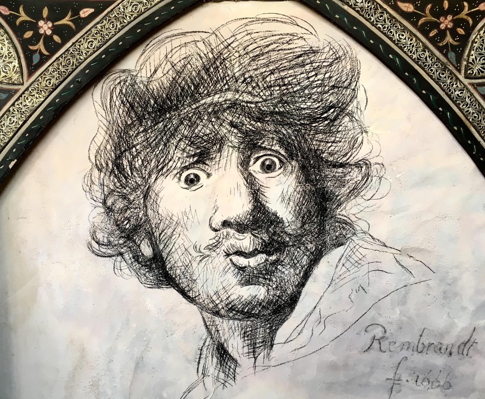 Rembrandt, reproduction auto portrait, fusain, jérôme Clochard, Absolut mosaïque, dessin, illustration